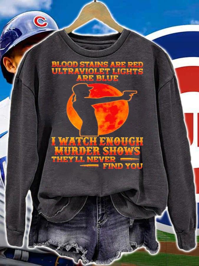 Blood stains are ared ultraviolet lights are blue shirt t-shirt sweatshirt