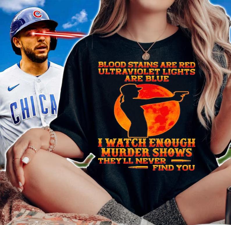 Blood stains are ared ultraviolet lights are blue shirt t-shirt woman shirt