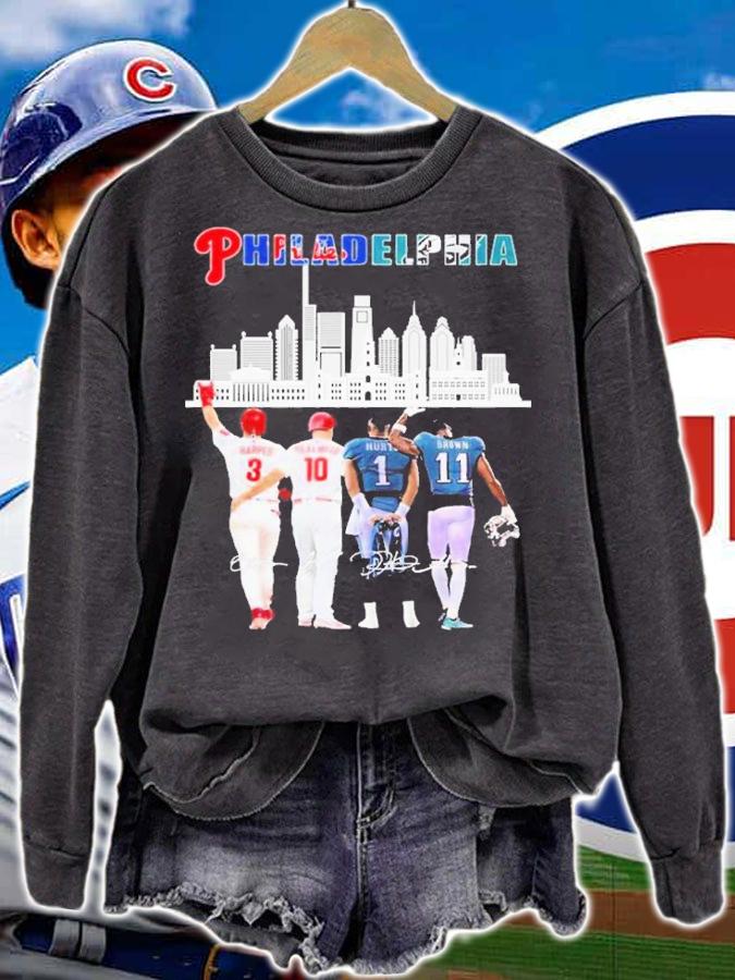 Funny Philadelphia Skyline Philadelphia Phillies And Philadelphia Eagles Signatures 2022 Shirt t-shirt sweatshirt