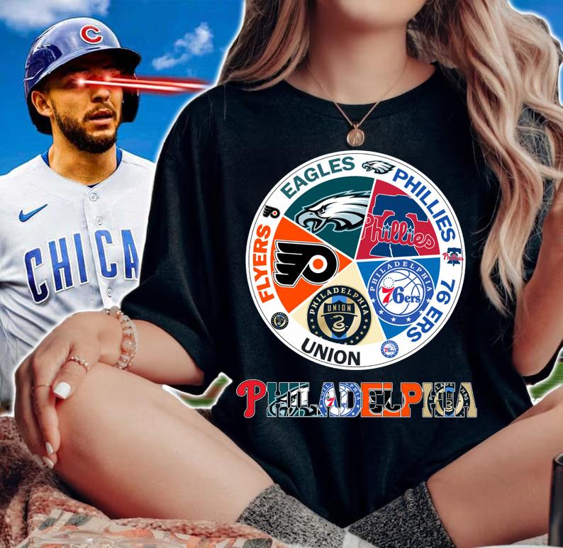 Philadelphia Sports Teams Logo Flyers Eagles Phillies 76ers Union t-shirt woman shirt