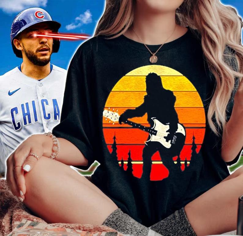 Retro Guitar Player Funny Bigfoot Cryptid Guitarist Guitar T-Shirt woman shirt