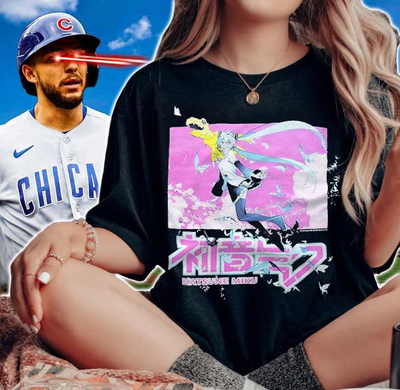 Hatsune Miku and Digimon flying T-shirt woman shirt