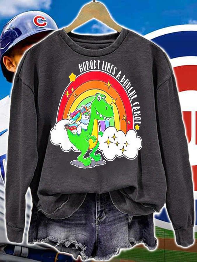 Nobody Likes A Douche Canoe Rainbow Unicorn Riding Dinosaur T-Shirt
