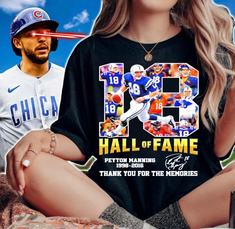 Official 18 Hall of Fame Peyton Manning 1998-2016 signature shirt woman shirt
