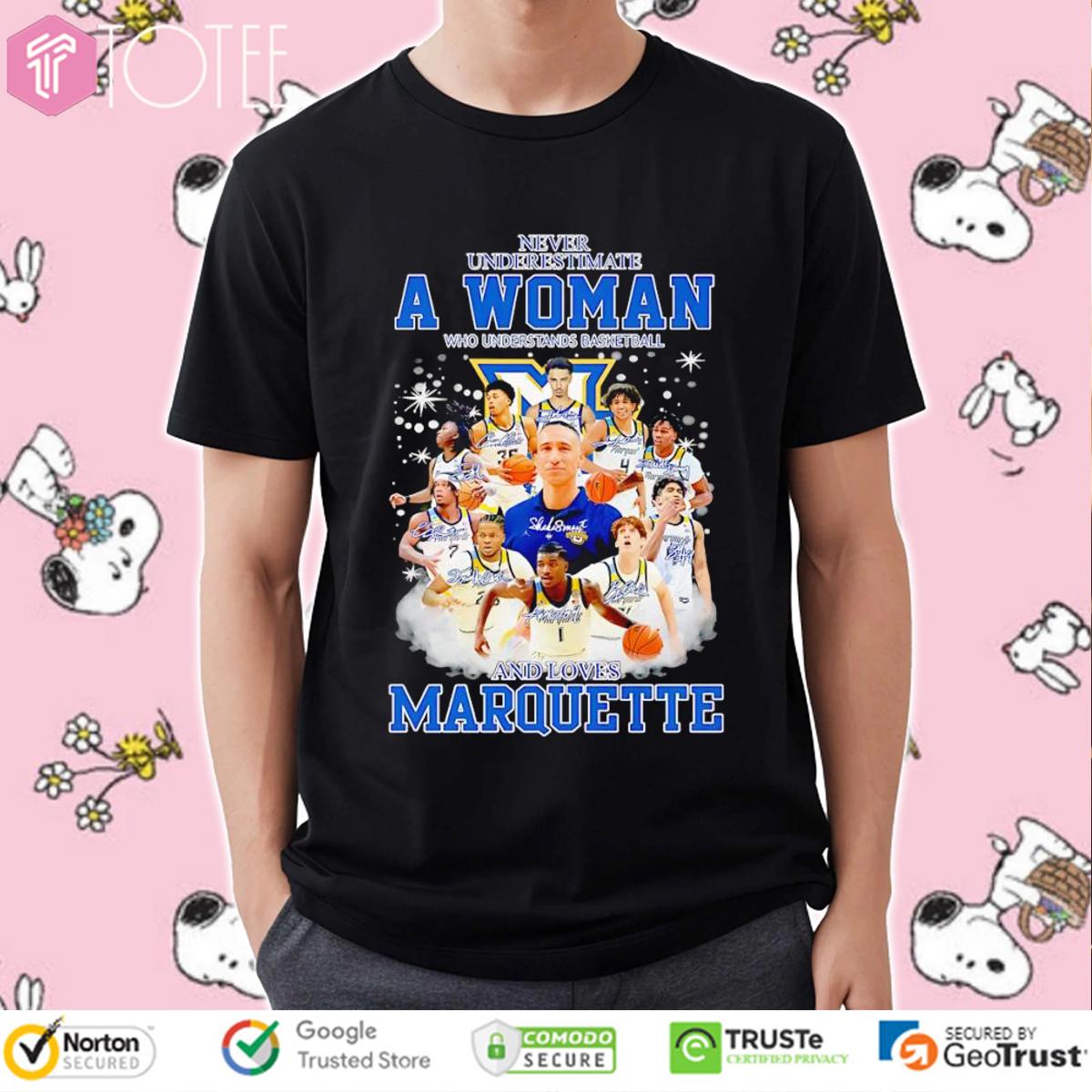 Never Underestimate A Woman Who Loves Marquette Basketball Coach & Players T-Shirt